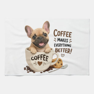 Cute Frenchie Coffee Lover Illustration Tea Towel