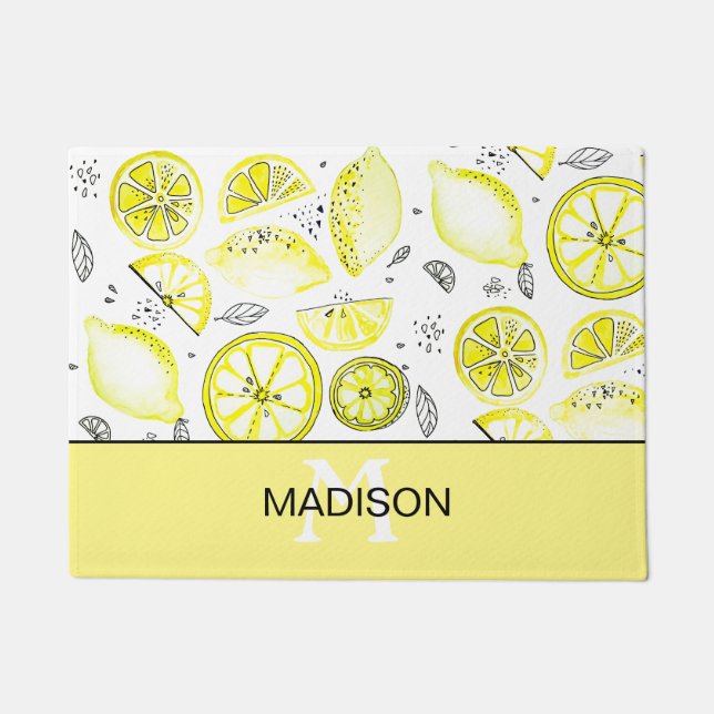 Cute Fresh Lemon Citrus Doodle Yellow Monogram Doormat (Front)