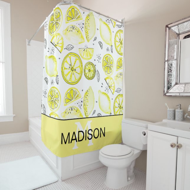 Cute Fresh Lemon Citrus Doodle Yellow Monogram Shower Curtain (In Situ)