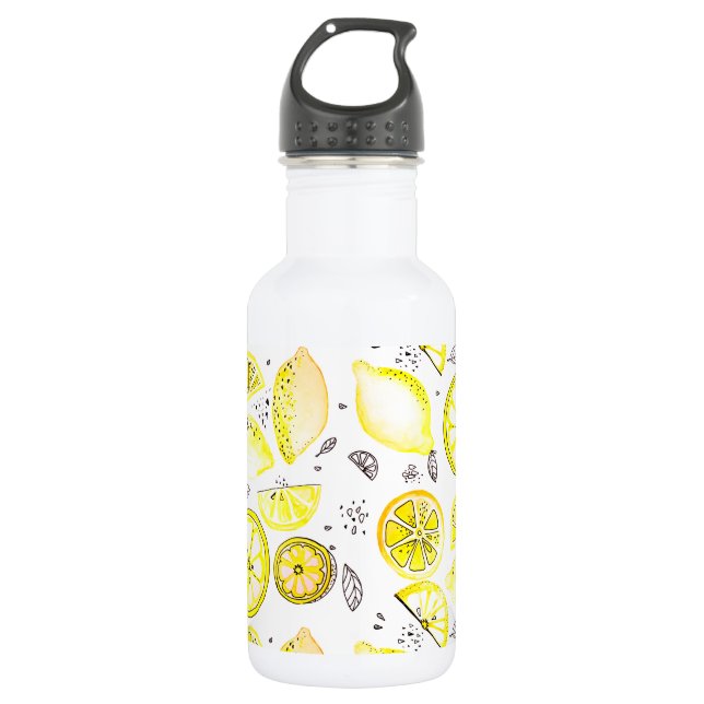 Cute Fresh Summer Lemon Citrus Doodle Yellow Large 532 Ml Water Bottle (Front)