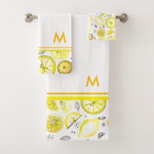 Cute Fresh Summer Lemon Citrus Doodle Yellow Large Bath Towel Set