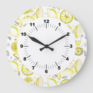 Cute Fresh Summer Lemon Citrus Doodle Yellow Large Clock
