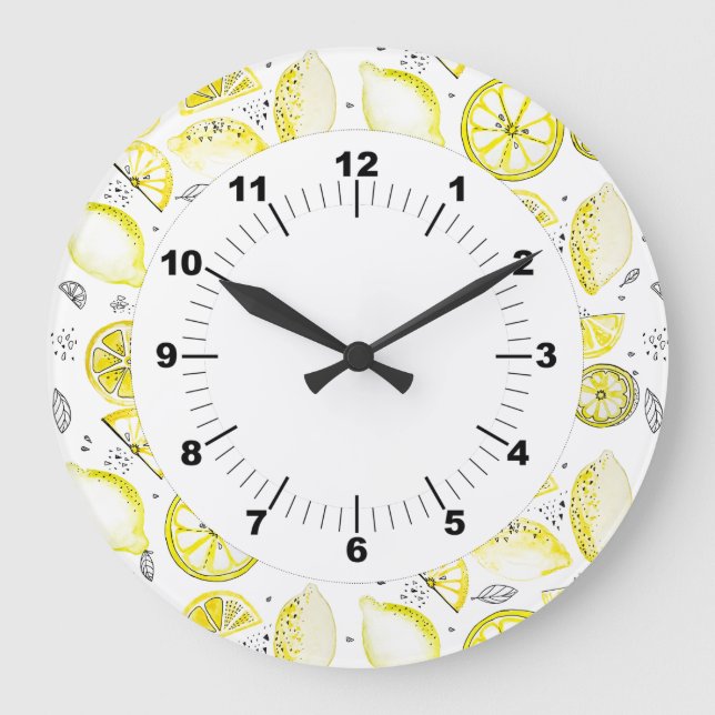Cute Fresh Summer Lemon Citrus Doodle Yellow Large Clock (Front)