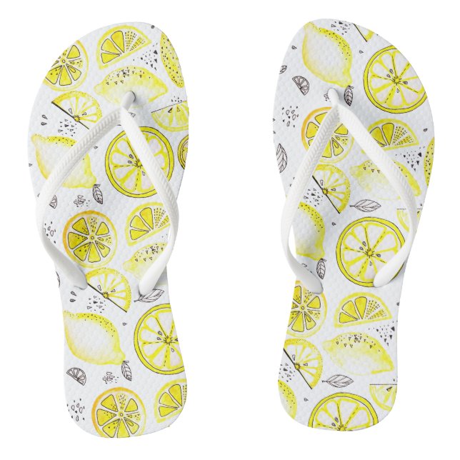 Cute Fresh Summer Lemon Citrus Doodle Yellow Large Thongs (Footbed)