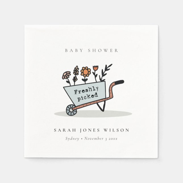 Cute Freshly Picked Blue Floral Cart Baby Shower Napkin (Front)