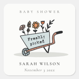 Cute Freshly Picked Blue Floral Cart Baby Shower Square Sticker