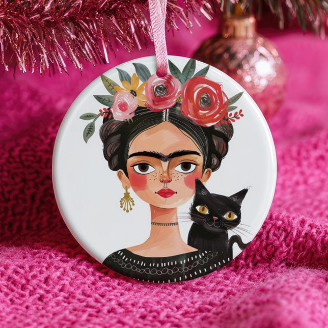 Cute Frida Kahlo& Black Cat Feline Pet Name& Photo Ceramic Ornament (Creator Uploaded)