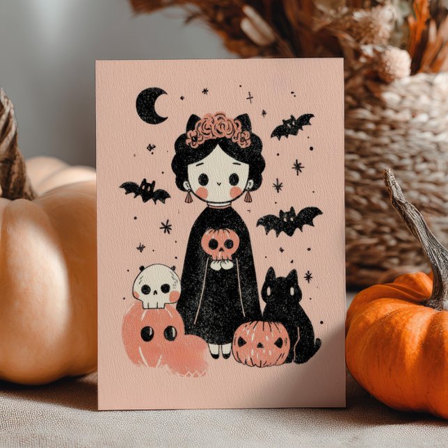 Cute Frida Kahlo Pink Pasteloween Happy Halloween  Card (Creator Uploaded)