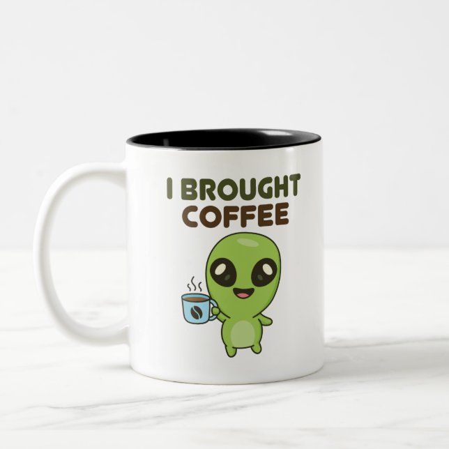 Cute Friendly Alien I Brought Coffee Two-Tone Coffee Mug (Left)