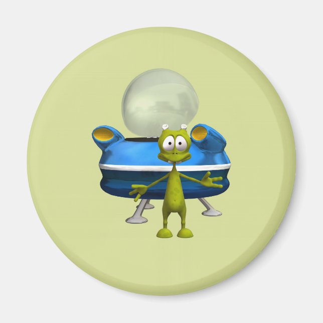 Cute Friendly Alien UFO Cartoon Space Art Magnet (Front)
