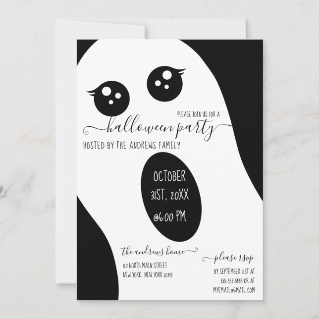 Cute Friendly Black White Ghost Halloween Party Invitation (Front)