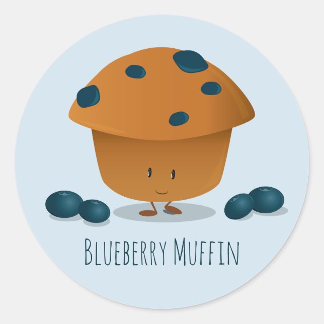 Cute Friendly Blueberry Muffin Cartoon Character Classic Round Sticker (Front)