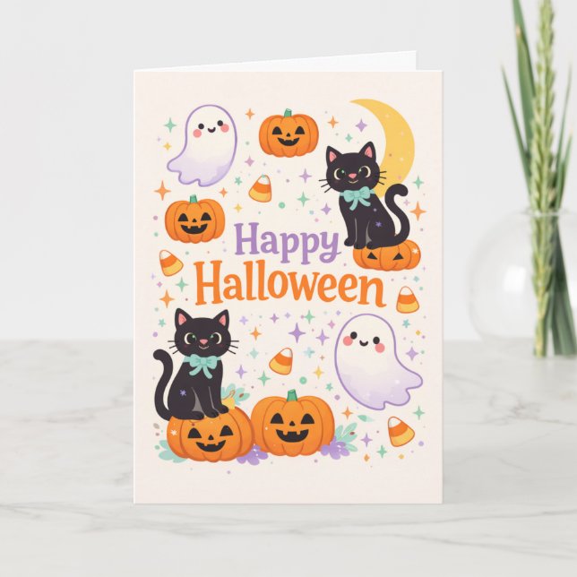 Cute Friendly Cats Ghosts Pumpkins Halloween  Card (Front)