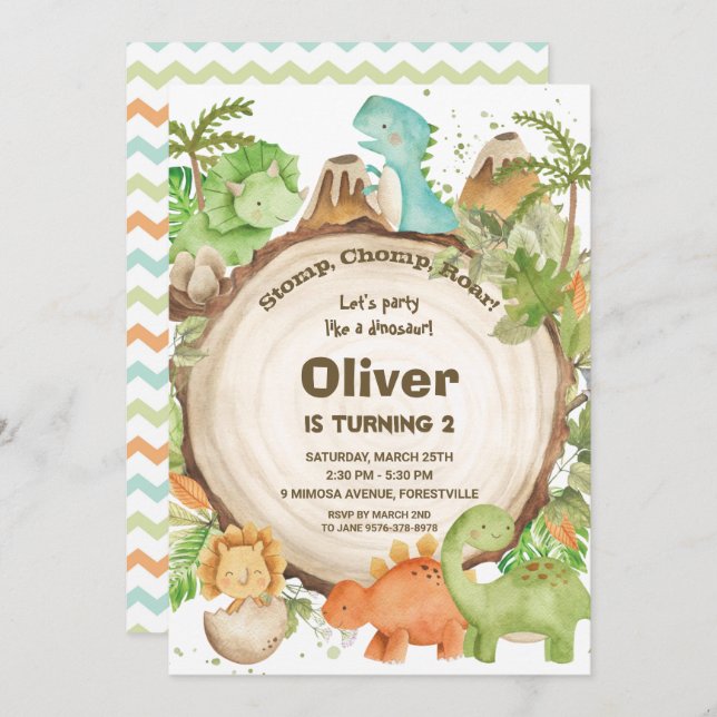 Cute Friendly Dinosaur Boys 1st Birthday Party Invitation (Front/Back)