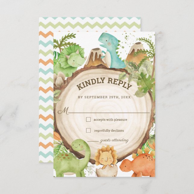 Cute Friendly Dinosaurs Baby Shower 1st Birthday  RSVP Card (Front/Back)