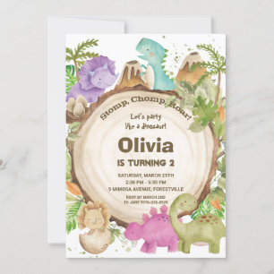 Cute Friendly Dinosaurs Girl 1st Birthday Party Invitation