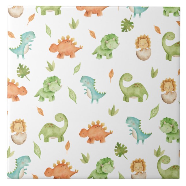 Cute Friendly Dinosaurs Party T-Rex Brontosaurus Ceramic Tile (Front)