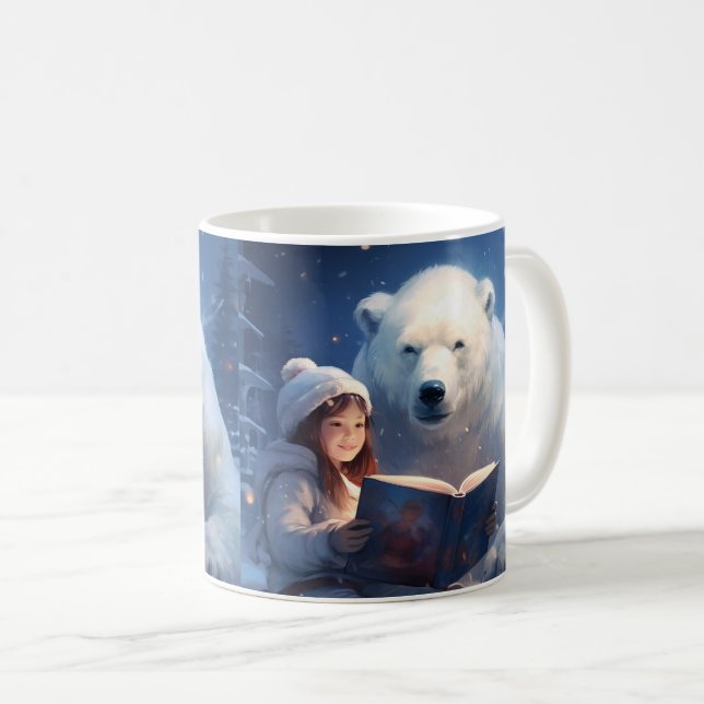 Cute Friends - Polar Bear & Girl Reading a Book Coffee Mug (Front Right)