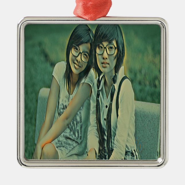Cute friends sitting next to each other metal ornament (Front)