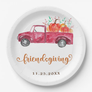 Cute Friendsgiving Calligraphy Red Truck Pumpkins Paper Plate