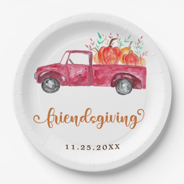 Cute Friendsgiving Calligraphy Red Truck Pumpkins Paper Plate (Front)