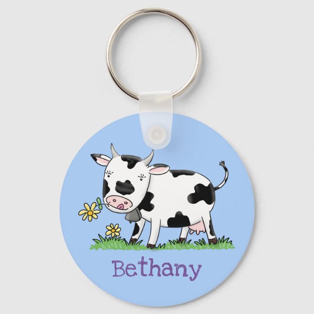 Cute friesian cow cartoon illustration key ring (Front)