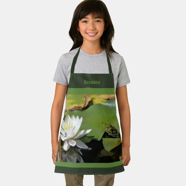Cute Frog Admiring Lotus Flower Personalised Apron (Insitu)