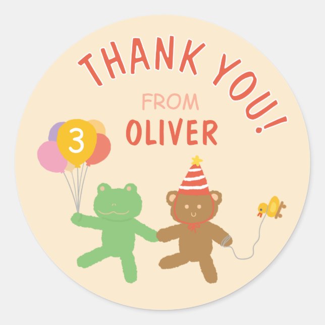 Cute Frog and Bear Birthday Party Favour Sticker (Front)