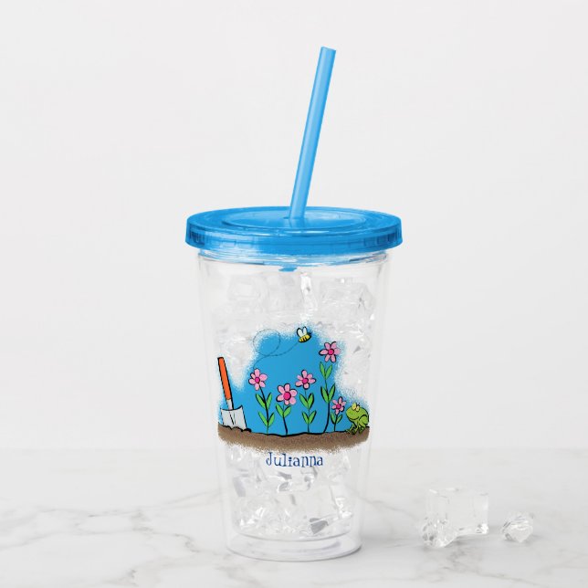 Cute frog and bee in garden cartoon illustration acrylic tumbler (Back Ice)