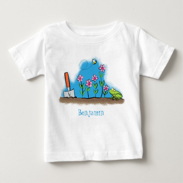 Cute frog and bee in garden cartoon illustration baby T-Shirt (Front)
