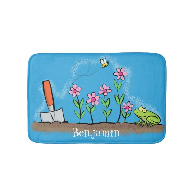Cute frog and bee in garden cartoon illustration bath mat (Front)