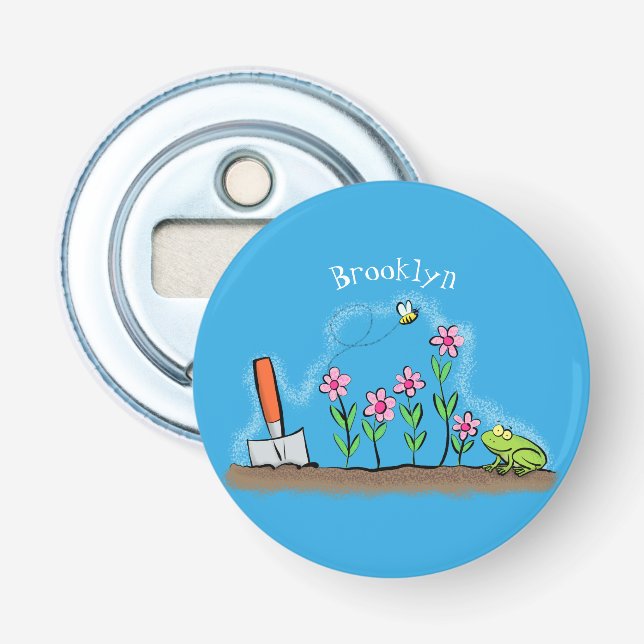 Cute frog and bee in garden cartoon illustration bottle opener (Front)