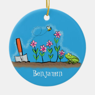 Cute frog and bee in garden cartoon illustration ceramic ornament