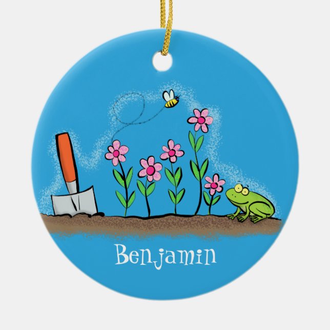 Cute frog and bee in garden cartoon illustration ceramic ornament (Front)