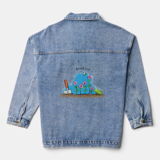 Cute frog and bee in garden cartoon illustration denim jacket (Back)