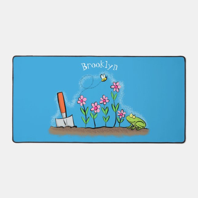 Cute frog and bee in garden cartoon illustration desk mat (Front)