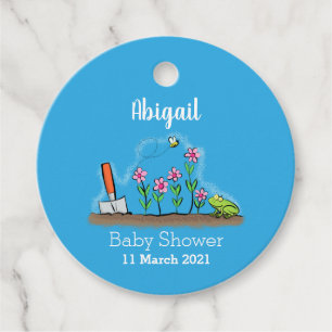 Cute frog and bee in garden cartoon illustration favour tags