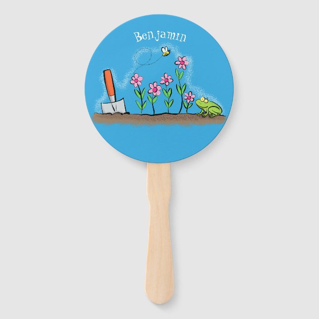 Cute frog and bee in garden cartoon illustration  hand fan (Front)