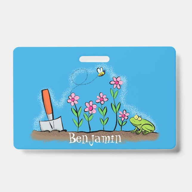Cute frog and bee in garden cartoon illustration ID badge (Front)
