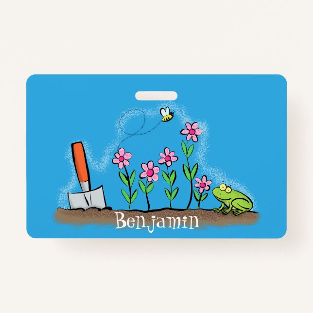 Cute frog and bee in garden cartoon illustration ID badge (Front)