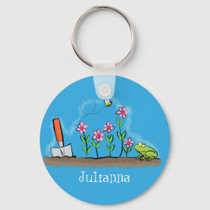 Cute frog and bee in garden cartoon illustration key ring