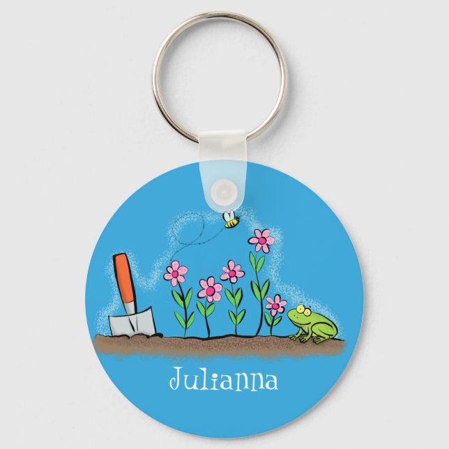 Cute frog and bee in garden cartoon illustration key ring (Front)