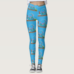 Cute frog and bee in garden cartoon illustration leggings