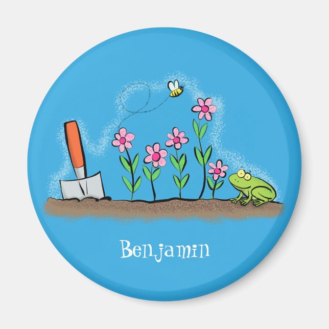 Cute frog and bee in garden cartoon illustration magnet (Front)
