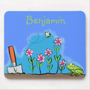 Cute frog and bee in garden cartoon illustration mouse pad