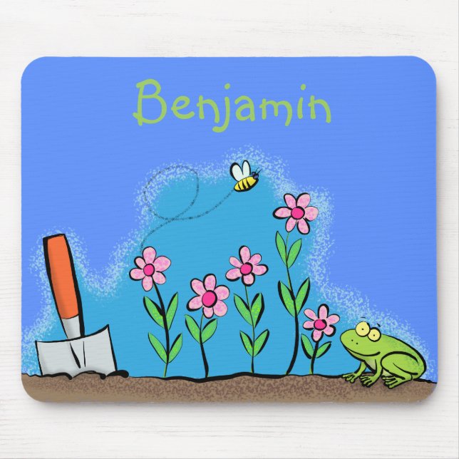 Cute frog and bee in garden cartoon illustration mouse pad (Front)