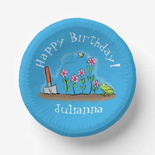 Cute frog and bee in garden cartoon illustration paper plate