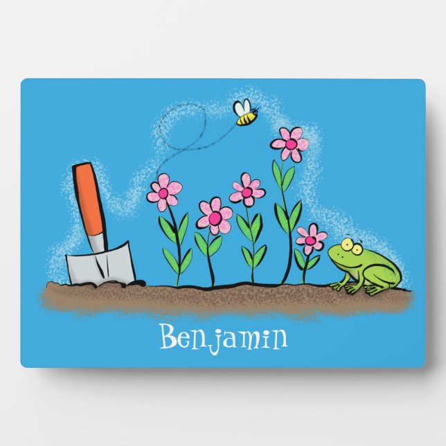 Cute frog and bee in garden cartoon illustration plaque (Front)