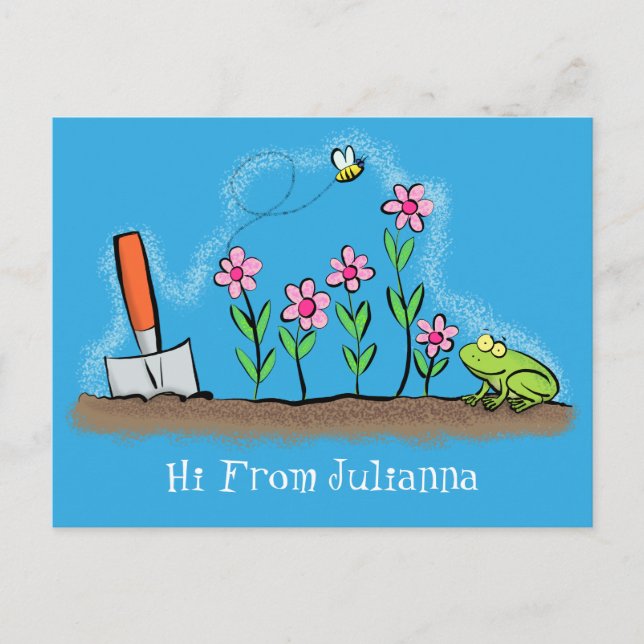 Cute frog and bee in garden cartoon illustration postcard (Front)