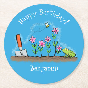 Cute frog and bee in garden cartoon illustration round paper coaster